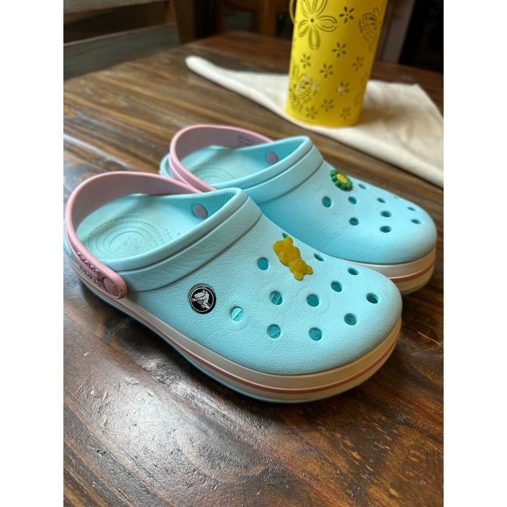 Crocs Crocband Clog Kids J5 Aqua Pastel Pink Striped Mermaidcore Water Shoes